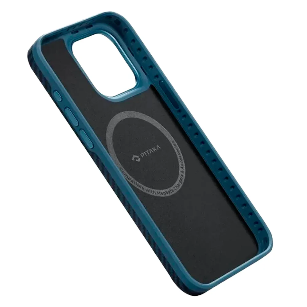 Чехол из арамидного волокна с поддержкой MagSafe PITAKA MagEZ Case Pro 4 1500D для iPhone 15 Pro, Black / Blue Twill (Cаржевое переплетение)